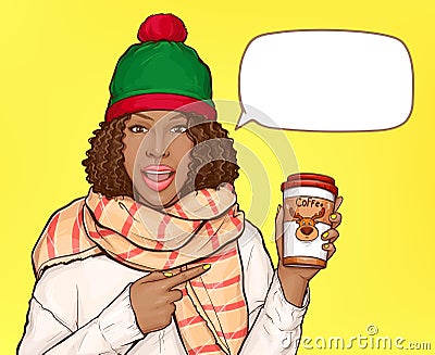 Black woman in warm clothes with cup of coffee Vector Illustration