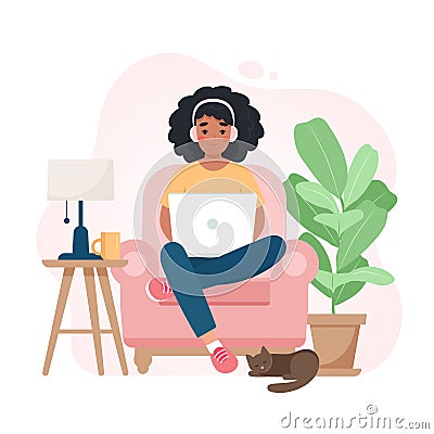Black woman work from home concept, chair with laptop, student or freelancer. Cute vector illustration in flat style Vector Illustration