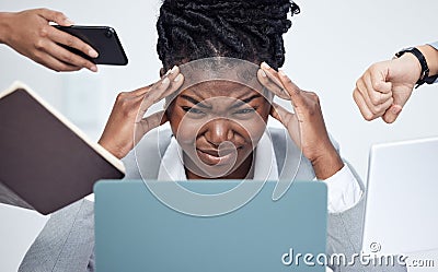 Black woman, work and overwhelmed by business stress, phone call or time management in professional company. Person Stock Photo