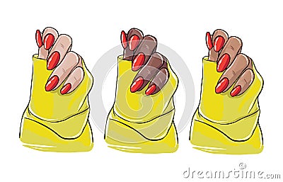 Black women hand illustration, beauty salon acrylic nail polish, colored red gel cosmetics template. Vector blog sigital stickers Vector Illustration