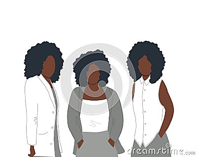 Black women stand together. Women`s community. Female solidarity. Afro hair stile Vector Illustration