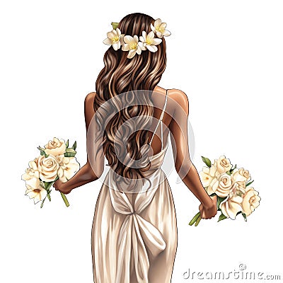 Black women with white dress, bride back view watercolor illustration Cartoon Illustration