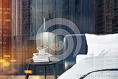 Black wooden bedroom, bedside table close up toned Stock Photo