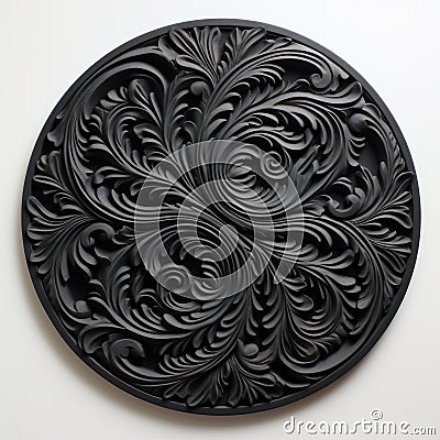 Black Wooden Carving With Baroque Flourishes And Botanical Abstractions Stock Photo