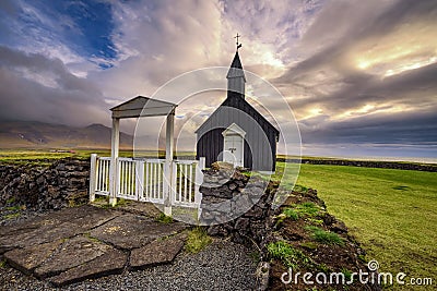 Black wooden church of Budir in Iceland Stock Photo