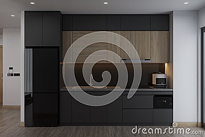 Black and Wooden Feature cupboard Cabinet with water tap, Fridge in Contemporary Kitchen, 3D rendering Stock Photo
