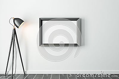 Black Wooden horizontal Frame Mockup hanging on gray wall with modern floor lamp Stock Photo