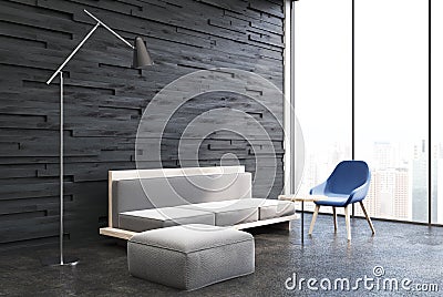 Black wooden living room, white sofa Stock Photo