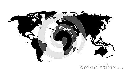 Black world map on white background. Europe, asia, south america, north america, australia, africa silhouette continent. Vector Illustration