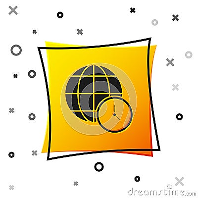 Black World time icon isolated on white background. Clock and globe. Yellow square button. Vector Stock Photo