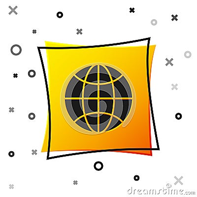 Black Worldwide icon isolated on white background. Pin on globe. Yellow square button. Vector Illustration. Vector Illustration