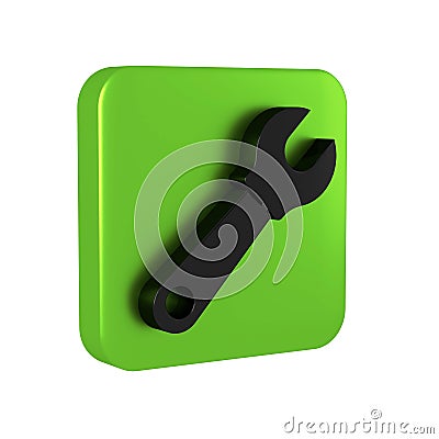 Black Wrench spanner icon isolated on transparent background. Green square button. Stock Photo