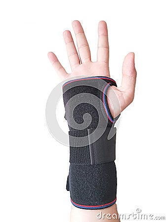 Black wrist splint for right hand male model. Stock Photo