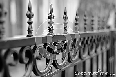 Black wrought iron front garden. Metal fence made of forged steel. Close up Stock Photo
