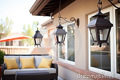 black wrought iron lanterns on a spanish patio Stock Photo
