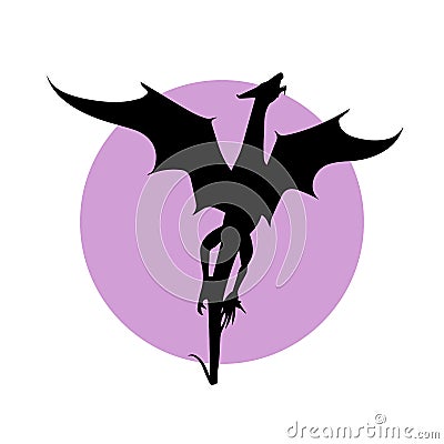 Black wyvern on the violet backdrop as print, sticker or isolated pattern. Vector Illustration