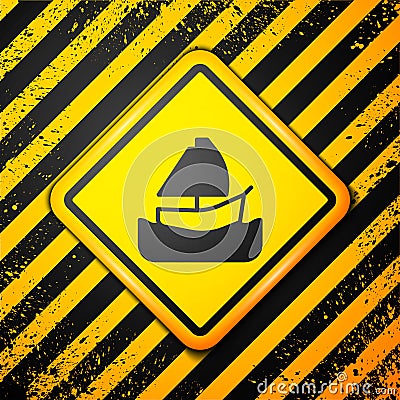 Black Yacht sailboat or sailing ship icon isolated on yellow background. Sail boat marine cruise travel. Warning sign Stock Photo
