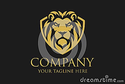 Black and Yellow Color Lion Face with Shield Logo Design Vector Illustration