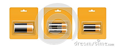 Black Yellow Golden Alkaline Batteries in Blister Vector Illustration