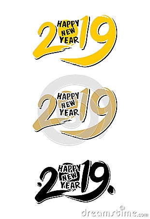 Black and yellow 2019 hand drawn lettering isolated on white background. Cartoon Illustration