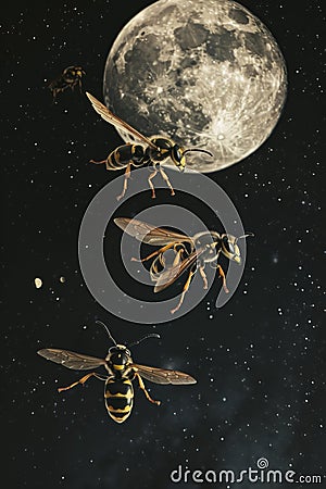 Black and yellow large wasps fly near the night moon Stock Photo