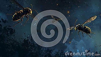 Black and yellow large wasps fly near the night moon Stock Photo