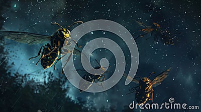 Black and yellow large wasps fly near the night moon Stock Photo