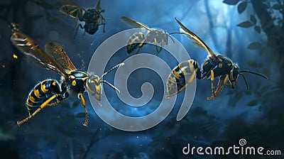 Black and yellow large wasps fly near the night moon Stock Photo