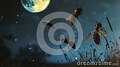 Black and yellow large wasps fly near the night moon Stock Photo