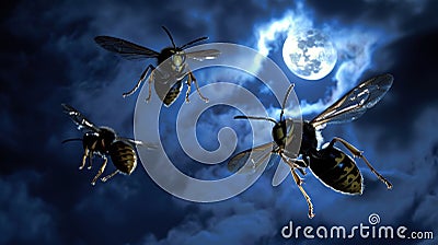 Black and yellow large wasps fly near the night moon Stock Photo