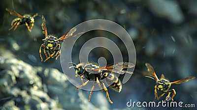 Black and yellow large wasps fly on the winter earth Stock Photo