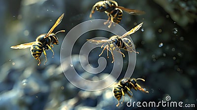Black and yellow large wasps fly on the winter earth Stock Photo
