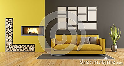 Black and yellow living room with fireplace Stock Photo