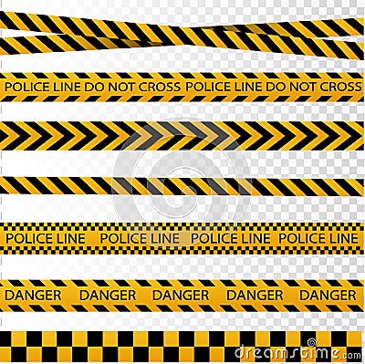 Black and yellow police stripe border, construction, danger caution seamless tapes vector set Vector Illustration