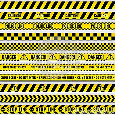 Black and yellow police stripe border, construction, danger caution seamless tapes vector set Vector Illustration