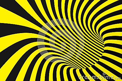 Black and yellow spiral tunnel from police ribbons. Striped twisted hypnotic optical illusion. Warning safety background. Stock Photo