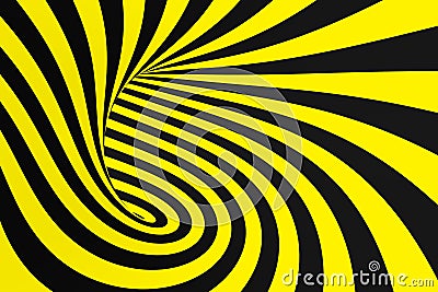 Black and yellow spiral tunnel from police ribbons. Striped twisted hypnotic optical illusion. Warning safety background. Stock Photo