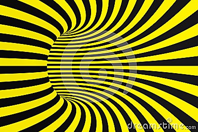 Black and yellow spiral tunnel from police ribbons. Striped twisted hypnotic optical illusion. Warning safety background. Stock Photo