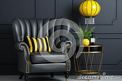 A black and yellow striped chair with a yellow pillow, AI Stock Photo