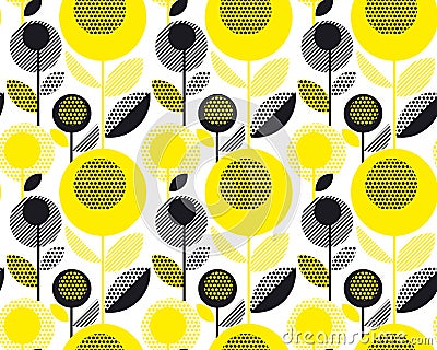 Black and yellow textured 60s floral retro pattern. Vector Illustration