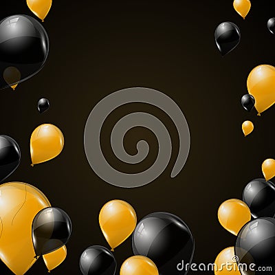 Black and yellow transparent helium balloons on dark background. Flying latex balloons. Vector Illustration