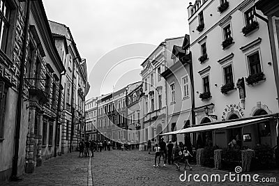 Blackandwhite krakow street poland oldstreet town oldcity trees blackwite Editorial Stock Photo