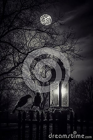 Blackandwhite photo of two birds on fence next to lantern under night sky Stock Photo