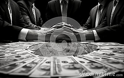 A group of men in blackandwhite style sitting around a table with money on it Stock Photo