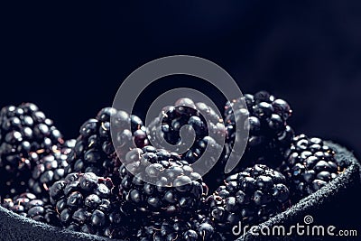 Blackberries in a black bowl in front of the blackbackground, isolated Stock Photo