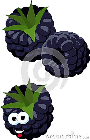 Blackberries. Group of two ripe blackberries with green leaves isolated on white background. Forest berry. Funny cartoon Vector Illustration