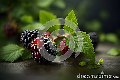 Blackberries and raspberries with leaves on a dark background Stock Photo