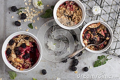 Blackberry and apple crumble dessert Stock Photo