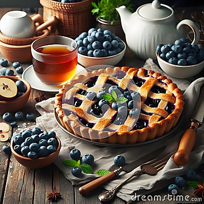 Blackberry and blueberry tart with cup of coffee on dark background Stock Photo