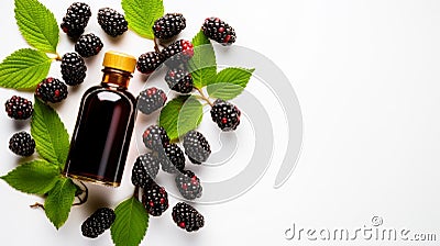 Blackberry fruits Tincture bottle, Blackberries on white background. Blackberry extract. Photo AI generated Stock Photo